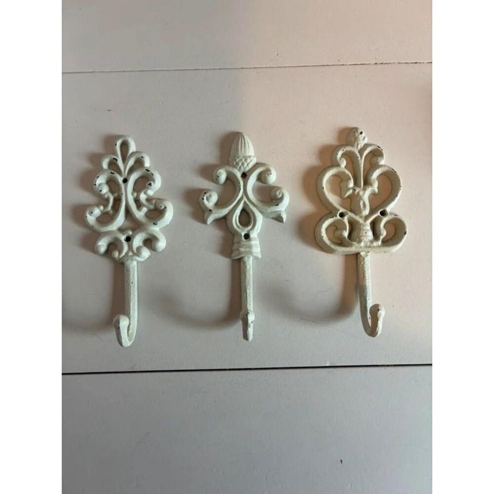 Vtg Style White Iron Metal Wall Hooks Set 3 Distressed Rustic Country Farmhouse